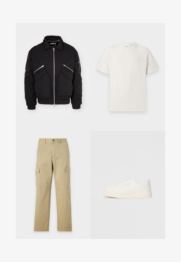 Melnā bumbvedēja jakā ir rāvējslēdzis priekšpusē, divas slīpas sānu kabatas un ribota aproce. Izgatavota no teksturēta materiāla ar brīvu piegriezumu.; Balta krūštura īsām piedurknēm ar ribota auduma faktūru. Apaļš kakla izgriezums, brīvs griezums, bez redzamām rakstām vai akcentiem. Vienkāršs un daudzpusīgs dizains.; Beige kravas bikses no kokvilnas, kas aprīkotas ar divām sānu kabatām, pogu aizdari un taisnām kājām ar nedaudz teksturētu audumu.; Baltas slip-on sporta apavi ar teksturētu virsmu, biezu zoli un minimālistisku dizainu. Sānos redzams zīmola logotips.