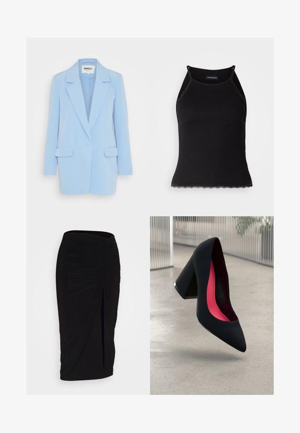 Light blue blazer with a single button closure, notch lapels, two front pockets, and a tailored fit. Smooth fabric texture.; Black ribbed tank top with scalloped lace trim at the hem. Features thin straps and a fitted design. Made from stretchable fabric.; Black, ruched pencil skirt with tie detail and a side slit. Made from a stretchy fabric, featuring a smooth texture and form-fitting design.; Black high heel shoe with a pointed toe, textured surface, and a vibrant pink interior. Features a chunky heel with silver accent.