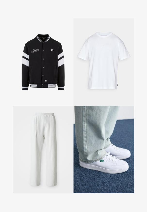 Črni univerzitetni plašč z belimi črtami, vezenim logotipom na prsih, zapiranjem na pritisnjenke ter rebrastimi manšetami in robom. Gladka tekstura tkanine.; Bela bomba iz bombaža s kratkimi rokavi in okroglo ovratnikom. Ima majhen, diskreten Nike logotip na prsih in stranski etiket.; Bele udobne hlače z elastiko v pasu in velikima sprednjima žepoma, prikazane na enostavni svetli podlagi.; Bela usnjena športna obutev z zelenim Nike logotipom, okrogla konica, ravna podplat, v kombinaciji z svetlo modrimi kavbojkami, prikazana na modrem preprogu.