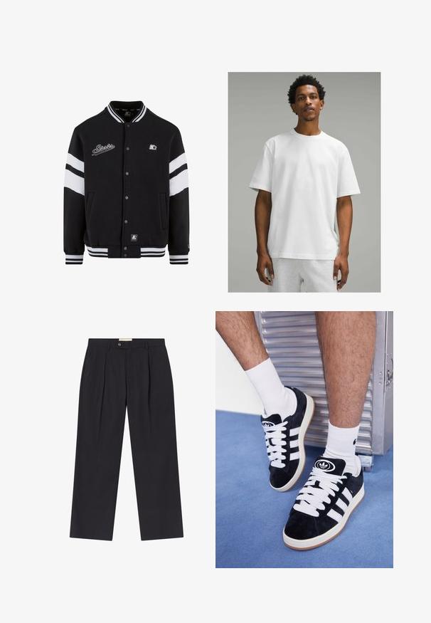 Črni univerzitetni plašč z belimi črtami, vezenim logotipom na prsih, zapiranjem na pritisnjenke ter rebrastimi manšetami in robom. Gladka tekstura tkanine.; Bela bombažna majica s kratkimi rokavi, okrogel izrez, sproščen kroj. Gladka tekstura, enostaven dizajn, brez vidnih vzorcev ali dodatkov.; Prilagojene temno mornarsko hlače z visokim pasom, dvema sprednjima gubama, gumbom za zapiranje in ravnimi nogami iz gladkega materiala.; Črne semiš teniske z belimi vezalkami in tremi belimi črtami. Imajo okroglo črno oznako na jezičku in gumijast podplat.