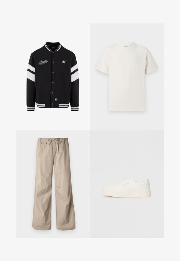 Black varsity jacket with white stripes, embroidered logo on chest, snap button closure, and ribbed cuffs and hem. Smooth fabric texture.; White short-sleeve T-shirt in a ribbed texture. Round neckline, relaxed fit, no visible patterns or accents. Simple and versatile design.; Beige wide-leg pants with an elastic waistband and drawstring. Smooth texture, two side pockets, and minimal seams for a relaxed fit.; White slip-on sneakers with a textured surface, a thick sole, and minimalistic design. Features brand logo on the side.