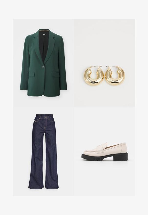 Vihreä bleiseri, joka on valmistettu sileästä kankaasta ja jossa on viistetyt läpät, yksittäinen nappisulku ja kaksi etutaskua. Musta vuori.; Valkoinen pitkähiha-mekko, joka on valmistettu puuvillasta. Ominaisuuksiin kuuluu klassinen kaulus ja hienovarainen brändi-ompelu rinnassa. Sileä rakenne.; Tummansiniset leveälahkeiset farkut denimmateriaalista, joissa on korkea vyötärö. Niissä on oranssit tikkaus, viisi taskua ja napitus.; Vaaleanbeige nahkaloaferit, joissa on ommeltu etuosa ja teksturoitu musta korko. Ominaisuuksiin kuuluu kaareva muotoilu ja kevyt kohotus.; Kulta-renkaat korvakorut, joissa on sileä, pyöreä muotoilu ja kiiltävä pinta. Varustettu lukolla kiinnittämistä varten. Kaiverrettu "DKNY".