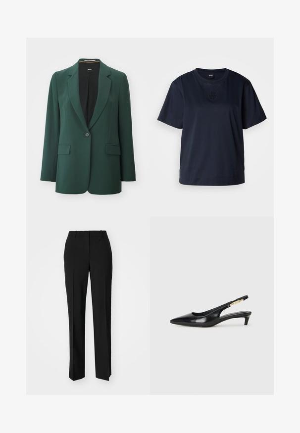 Zeleno blazer iz gladkega blaga, s poševnim ovratnikom, zapiranjem na en gumb in dvema sprednjima žepoma. Podloženo notranjost v črni barvi.; Temno modra kratka majica s kratkimi rokavi, izdelana iz mehke bombažne tkanine. Ima okroglo ovratnico in subtilno vezeno logo na prsih.; Črne krojene hlače s direktnim krojem, ki se ponašajo z gladko teksturo in ostrimi pregibi spredaj. Ni vidne kovine.; Črne usnjene sandale na peto z ostro konico, ki imajo tanko peto in zlat ton na nastavljivem traku. Gladka tekstura.