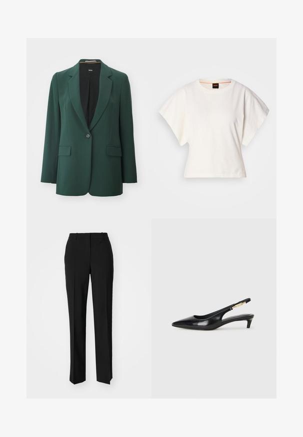 Green blazer made from smooth fabric, featuring a notched lapel, single button closure, and two front pockets. Lined interior in black.; White cropped T-shirt, short wide sleeves, soft cotton material, round neckline with subtle orange trim, minimal design, no patterns or graphics.; Black tailored trousers with a straight-leg design, featuring a smooth texture and crisp creases along the front. No visible hardware.; Black leather slingback heels with a pointed toe, featuring a slim heel and a gold-tone accent on the adjustable strap. Smooth texture.