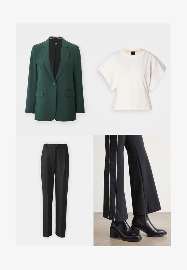 Blazer verde hecho de tela suave, con solapa muesca, cierre de un botón y dos bolsillos frontales. Interior forrado en negro.; Camiseta blanca recortada, con mangas cortas y anchas, material de algodón suave, cuello redondo con un sutil ribete naranja, diseño minimalista, sin patrones ni gráficos.; Pantalones negros ajustados hechos de tejido ligero, con un corte recto, frente plano y trabillas para cinturón. Textura suave sin patrones visibles.; Botines de cuero negro con tacón cuadrado, con paneles laterales elásticos. Combinados con pantalones negros que tienen una franja blanca lateral.