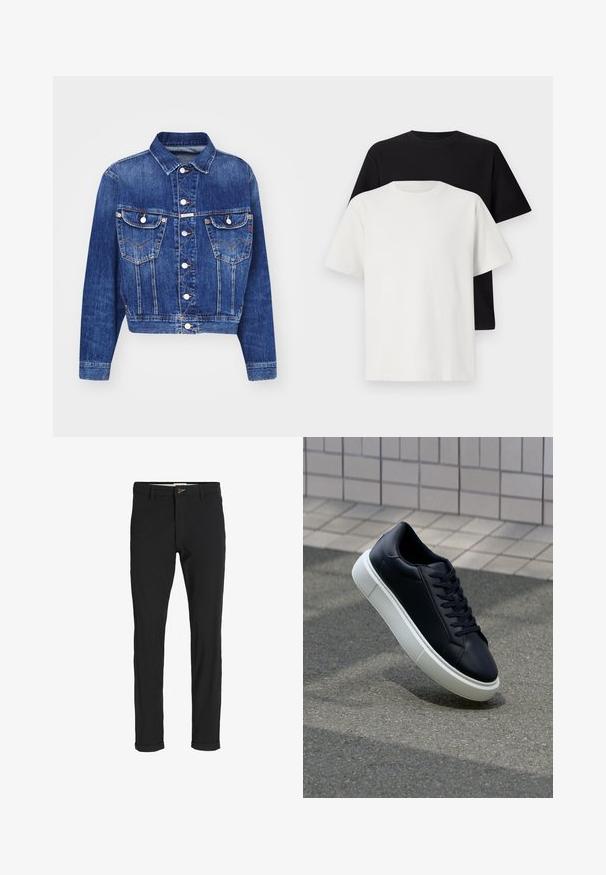 Blue denim jacket with a cropped design, pointed collar, two chest pockets with flaps, silver buttons, and contrasting stitching.; Cotton t-shirt set featuring a black top and a white top, both with short sleeves, round neckline, and standard fit. Textured fabric.; Black cotton blend pants with a slim fit, featuring a button closure, pockets, and rolled cuffs for a casual finish.; Black leather sneaker with rounded toe and white rubber sole. Features flat laces and minimal stitching on the upper. Textured sole for grip.