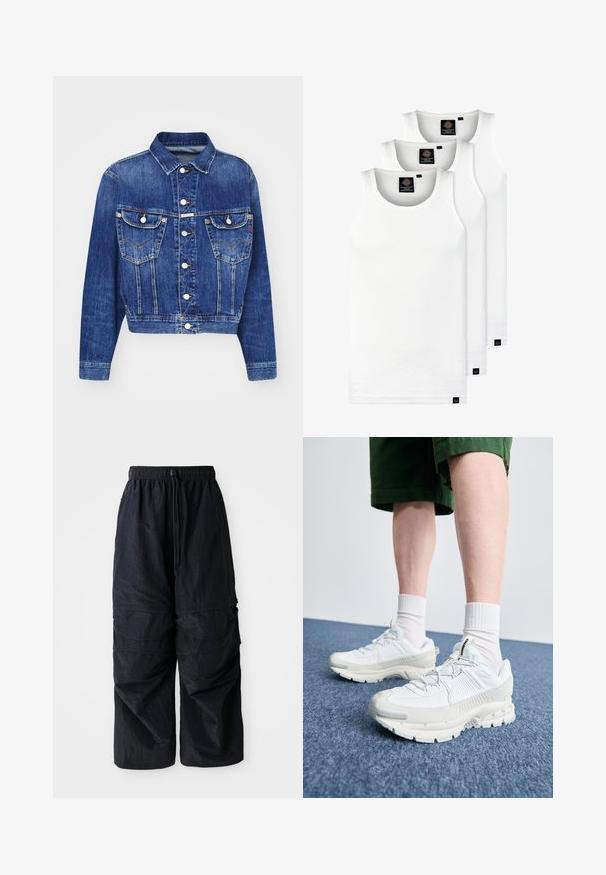 Blå denimjacka med en kort design, spetsig krage, två bröstfickor med lock, silverfärgade knappar och kontrasterande sömmar.; Tre vita ribbade linnen i bomull. Har rund halsringning och små svarta etiketter vid fållen. Finns i flera storlekar.; Svarta lätta nylon cargo byxor med elastisk midja, justerbar dragsko och flera lagerfickor på benen.; Vita atletiska skor med texturerade överlägg, en tjock sula och grå accenter. Bärs med vita strumpor och gröna shorts på en blå yta.