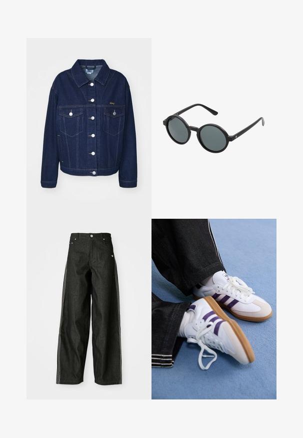 Tamno plava traper jakna klasičnog dizajna. Ima srebrne dugmadi, dva džepa na prsima i zlatnu izvezenu oznaku s lijeve strane.; Žuta dukserica s crnim i crvenim detaljima. Sadrži grafiku bicikla i tekst "Cyclone". Izrađena je od mekog materijala, s nabranim rubom.; Crne traperice širokih nogavica s bijelim bočnim prugama, s prednjim džepovima, patentnim zatvaračem i suptilnim logotipom blizu struka.; Bijele atletske tenisice s ljubičastim prugama i smešnim gumama, sa okruglim vezicama i podstavljenim ovratnikom. Nosive s tamnoplavim trapericama.; Okružne sunčane naočale s crnim plastičnim okvirom i tamnosivim sočivima. Ima tanke, ravne drške s minimalističkim detaljima.