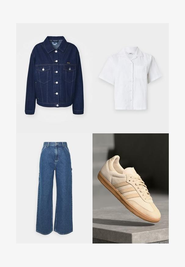 Tmavě modrá džínová bunda s klasickým designem. Obsahuje stříbrné knoflíky, dvě náprsní kapsy a zlatou výšivku loga na levé straně.; Bílá košile s krátkým rukávem, která má texturovaný vzor, zapínání na knoflíky a náprsní kapsu. Vyrobena z lehkého materiálu s uvolněným střihem.; Široké modré džíny s vysokým pasem, kontrastním šitím a postranními kapsami, které mají klasický design s pěti kapsami a rozstřižené lemy.; Světlé béžové semišové tenisky s gumovou podrážkou, třemi diagonálními pruhy a texturovanou špičkou. Na jazyku a boku se nachází logo.