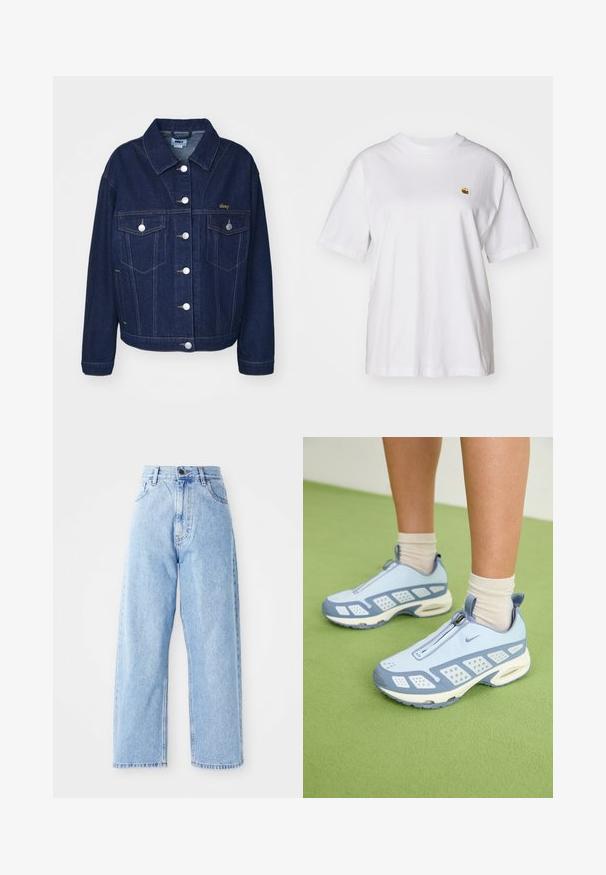 Casaco de ganga azul escuro com um design clássico. Apresenta botões prateados, dois bolsos no peito e bordado do logótipo dourado no lado esquerdo.; T-shirt branca de algodão com um corte descontraído, mangas curtas e um pequeno logótipo bordado na área do peito esquerdo.; Jeans de cintura alta azul claro, feitos de denim, com um design de perna larga, bolsos frontais e fecho de botão.; Sapatos de desporto azul claro com acabamento branco, painéis texturizados e fecho de zíper. Apresentam uma sola com amortecimento visível e sola em borracha.