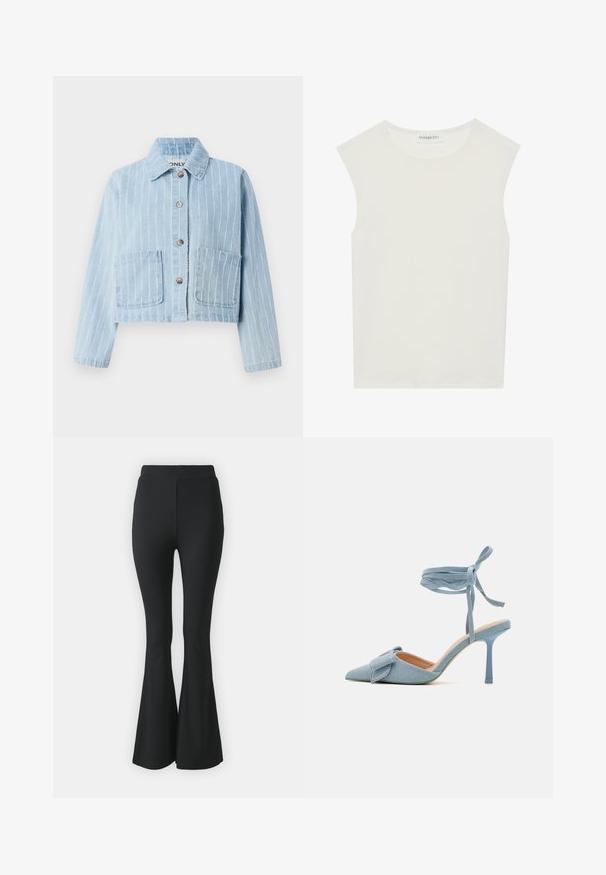 Heledad sinine teksajakk, lühikese lõikega, vertikaalsete triipudega, nööpide kinnitusega, kahe esiseguri taskuga ja klassikalise kraega.; Valge ilma varrukateta topp ümmarguse kaelusega. Valmistatud siledast kangast, sellel on mugav lõige ja minimalistlik disain. Ei ole mustreid ega aksessuaare.; Mustast lõtvuvate pükste, mis on valmistatud venivast kangast. Omab kõrget vööd ja sujuvat, keha järgivat disaini, mis laieneb põlve alt allapoole.; Kitsas varbaga kõrge kontsaga kingad helesinisest kangast, millel on tekstuuriga viimistlus, kaunistatud paeltega ja pahkluuringiga, tagamaks kindlat sobivust.