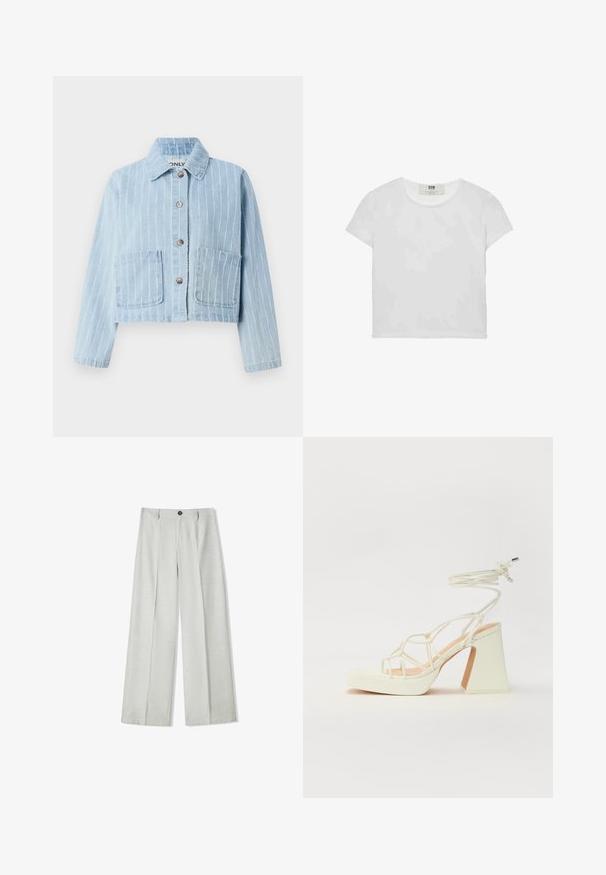 Svetlo modra denim jakna s skrajšanim dizajnom, navpičnimi črtami, gumbom za zapiranje, dvema sprednjima žepoma in klasičnim ovratnikom.; Bela majica s kratkimi rokavi in okroglim ovratnikom, izdelana iz mehke bombažne tkanine, ki ima preprost, čist dizajn brez vidnih vzorcev ali poudarkov.; Svetlo sivi široki hlače iz teksturiranega materiala, ki imajo zaponko na gumb in dva plisa spredaj za dodaten detajl.; Bela sandala na visokih petah s debelim petam, ki ima obliko trakcev in vezanje okoli gležnja. Gladka tekstura z platformo spredaj za dodatno višino.