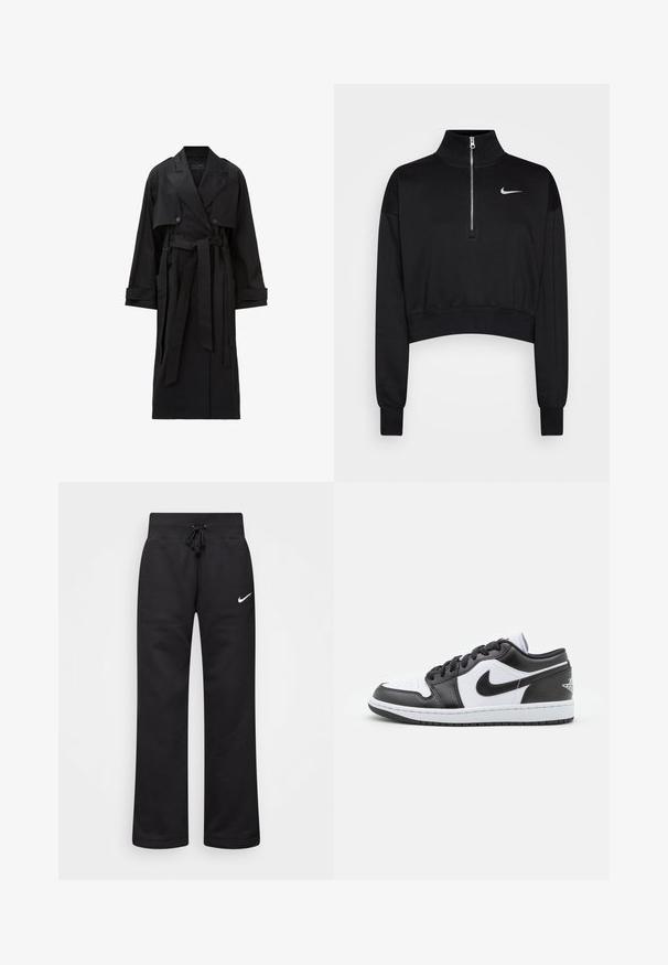 Długi czarny płaszcz trencz z szerokimi klapami, podwójnymi guzikami, przednim klapą, paskami przy mankietach i związanym paskiem w talii.; Czarna, skrócona bluza z wysokim kołnierzem, pół-zamek, ściągacze na rękawach i małe białe logo Nike po lewej stronie klatki piersiowej. Miękka faktura tkaniny.; Czarne dresy wykonane z mieszanki bawełny, z elastycznym pasem ze sznurkiem, prostymi nogawkami i białym logo Nike po lewej stronie.; Czarno-białe niskie sneakersy Nike mają górną część wykonaną z gładkiej skóry, okrągły czubek, związane zapięcie oraz wzorzystą gumową podeszwę.