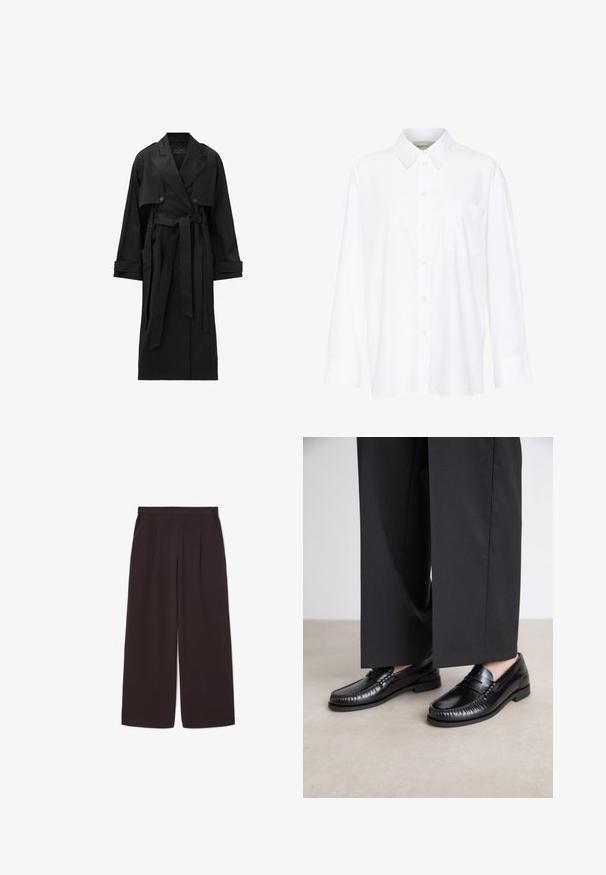 Pitkä musta trench-takki, jossa on leveät kellot, kaksiriviset napit, etupussit, hihansuutahdin hihnat ja sidottava vyö.; Valkoinen pitkähihainen kauluspaita, joka on valmistettu puuvillasta. Paidassa on napitettava etuosuus ja yksi rintatasku. Pehmeä pinta, rento malli.; Muutu tummanruskeat leveälahkeiset housut, jotka on valmistettu kevyestä kankaasta. Niissä on korkea vyötärö, pleatit ja kaksi sivutaskua, sekä joustava vyötärö.; Mustat nahka loaferit, joissa on sileä pinta, tikattu yksityiskohta varpaiden ympärillä ja matala kumipohja. Yhdistetty leveiden mustien housujen kanssa.