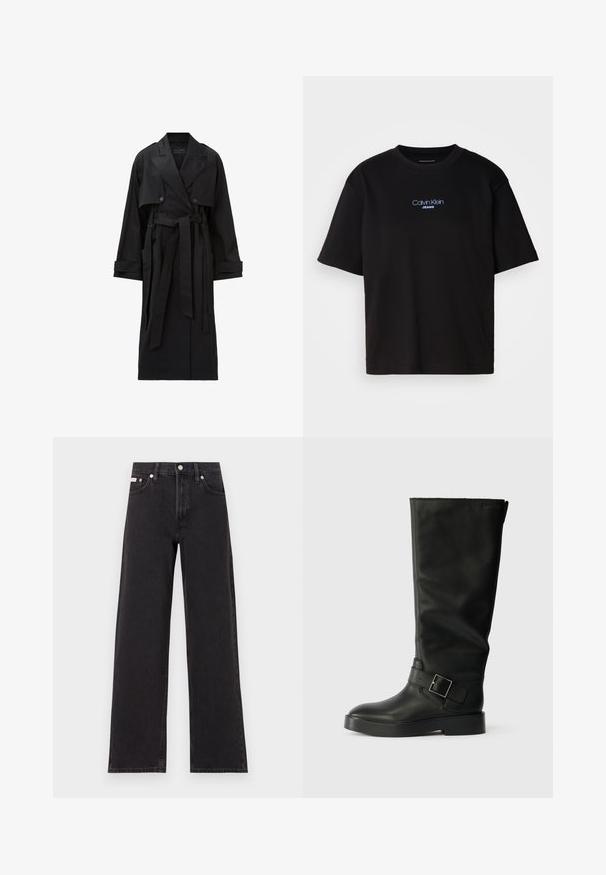Dlouhý černý trenčkot s širokými klopami, dvojitým zapínáním na knoflíky, přední chlopní, manžetovými pásky a stahovacími šňůrkami v pase.; Černé bavlněné tričko s kulatým výstřihem a krátkými rukávy, s modrou vyšitou nášivkou "Calvin Klein JEANS" na přední straně.; Černé široké jeansy vyrobené z denimu, s vysokým pasem, pěti kapsami a kovovým zapínáním s kontrastním prošíváním.; Černé kozačky do výšky kolen vyrobené z hladké kůže, s kulatou špičkou, silnou podešev a vodorovným popruhem se čtvercovou sponou.