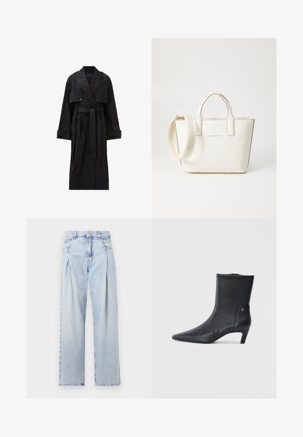 Dlhý čierny trenčkot so širokými klopami, dvojradovým zapínaním, predným prešívaním, nastaviteľnými manžetami a opaskom na viazanie v páse.; Biela tričko s krátkymi rukávmi vyrobené z bavlny s okrúhlym výstrihom. Hladká textura a rovný strih, bez vzorov alebo akcentov.; Svetlomodré džínsy s vysokým pásom, širším strihom po celej dĺžke, dvoma bočnými vreckami a skladaným dizajnom. Mäkka textúra s vyblednutým vzhľadom.; Čierne kožené členkové topánky s špicatou špičkou a nízkym podpätkom. Majú hladký povrch a malý zlatý detail loga na boku.; Biela kabelka z umelého kože s krátkymi uchami, nastaviteľným ramenným popruhom a zlatým kovovým hardvérom; na prednej strane má jemné logo.