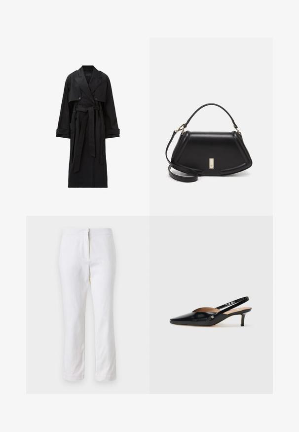 Largo abrigo negro de trench con amplios solapas, botones de doble botonadura, solapa frontal, tiras en los puños y un cinturón atado en la cintura.; Camiseta blanca recortada, con mangas cortas y anchas, material de algodón suave, cuello redondo con un sutil ribete naranja, diseño minimalista, sin patrones ni gráficos.; Pantalones de algodón blancos con un diseño de pierna recta, que cuentan con una cintura de media altura y sin herrajes o patrones visibles. Textura suave en todo su recorrido.; Zapato de tacón slingback de charol negro con punta afilada, tacón pequeño y un diseño recortado en la parte superior. Accesorio de metal en tono dorado en el lateral.; Bolso de mano de cuero negro con un diseño estructurado, que presenta una forma recortada, asa superior y acentos en dorado. Correa de hombro ajustable incluida.