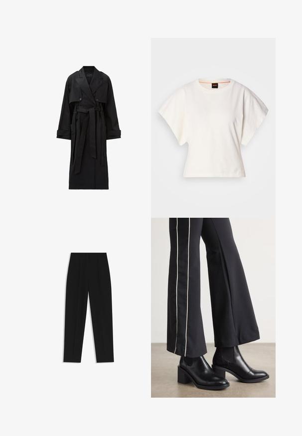 Lang zwarte trenchcoat met brede revers, dubbele knopen, voorflap, manchetbanden en een gestrikt tailleband.; Witte gecropte T-shirt, korte brede mouwen, zachte katoenmaterialen, ronde halslijn met subtiele oranje rand, minimalistisch ontwerp, geen patronen of graphics.; Zwarte broeken met een rechte pasvorm, voorzien van dubbele plooien, een zachte textuur en een klassiek taillebandontwerp. Geen zichtbare hardware of accenten.; Zwarte leren enkellaarzen met een blokhak, voorzien van elastische zijpanelen. Gecombineerd met zwarte broeken met een witte zijstreep.
