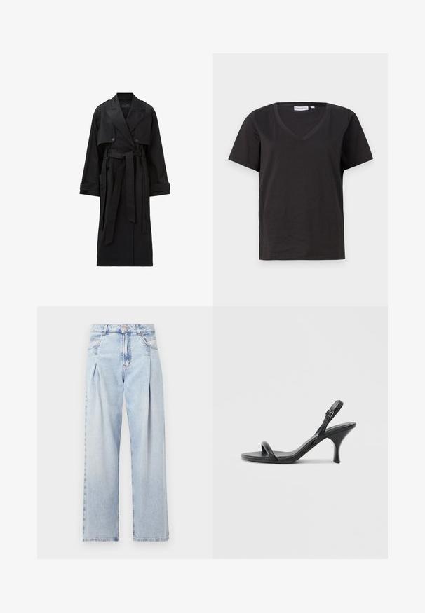 Lang sort trenchcoat med brede klaplag, dobbeltradede knapper, frontklap, manchetremme og et bundet taljebælte.; Sort bomulds T-shirt med V-hals og korte ærmer. Enkel design med regular fit og ingen mønstre eller accenter.; Lyseblå denim jeans med høj talje, bred benåbning, to sidelommer og plisseret design. Blød tekstur med et falmet finish.; Sorte læder højhælede sandaler med en slank, buet hæl og et krydset stropdesign. Justerbar ankelrem. Glat tekstur.