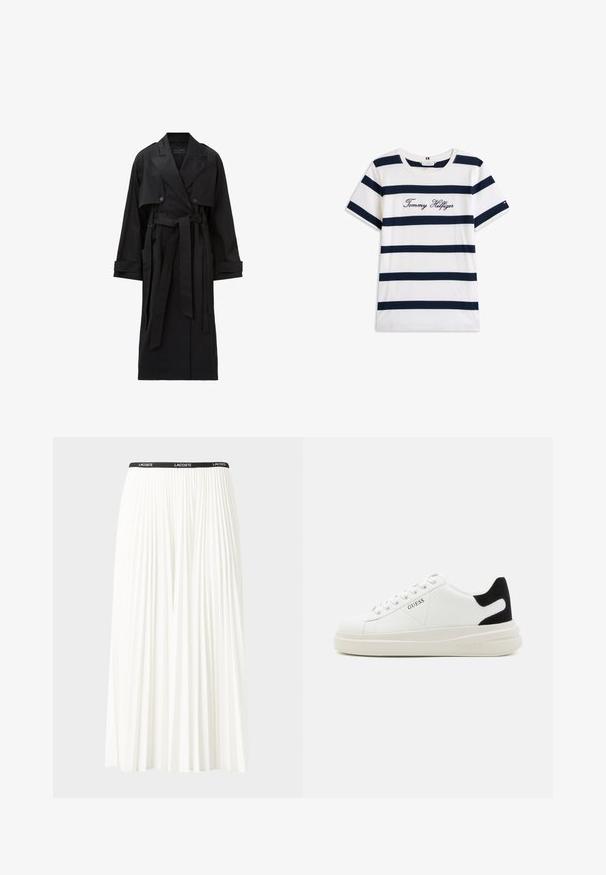 Pitkä musta trench-takki, jossa on leveät kellot, kaksiriviset napit, etupussit, hihansuutahdin hihnat ja sidottava vyö.; Puuvillainen t-paita, jossa on vaakasuoria tummansinisiä raitoja valkoisella taustalla. "Tommy Hilfiger" brodeerattu kursiivilla rintamuksessa. Pyöreä kaula-aukko.; Hame valkoinen pliseerattu hame mustalla joustavalla vyötäröhihnalla, jossa on "LACOSTE"-logo. Puolipitkä malli pehmeällä tekstuurilla.; Valkoiset nahkakengät paksulla valkoisella pohjalla, mustalla mokkanahkaosuudella kannassa ja kohokuvioitu logo sivulla. Nauhakeskitys kuudella reiällä.