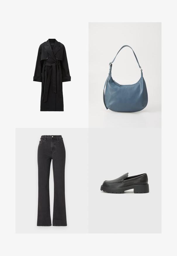 Ilgas juodas paltas su plačiais atnaršais, dvigubai užsegamais mygtukais, priekiu dengiančia apykakle, rankovėmis su dirželiais ir surišamu juosmens diržu.; Juodas trumpomis rankovėmis marškinėliai su raukšlėtu paviršiumi, su maža logotipo etikete ant krūtinės ir apvaliu iškirpimu.; Juodi aukštu liemeniu platėjantys džinsai, pagaminti iš džinsinio audinio, su mygtuko uždarymu, diržo kilpomis ir šoninėmis kišenėmis. Lygus paviršius su minimaliais išblukimais.; Juodi odiniai loaferiai su apvaliu pirštu, storu tekstūruotu padu ir minimaliu siūlių dekoru. Išskirtinis dizainas be matomų raištelių ar furnitūros.; Mėlyna odinė rankinė su apvalia forma, viena petneša, užtrauktuku ir iškilmingu prekės ženklu priekyje. Lygi tekstūra.
