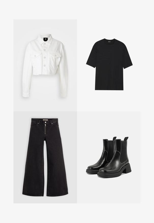 Valge lühike denim jakk, millel on krae, eesnööbid, kaks rinnataskut ja kulunud serv. Valmistatud tugevast puuvillasegust.; Must mustusega lühikeste varrukatega t-särk, mis on valmistatud puuvillast. Omab ümarat kaelust ja sirget hemmi. Minimalistlik disain ilma mustrite või aktsentideta.; Laiad teksad mustast denimist, millel on lukuga eesmine osa, viie taskuga disain ja peened õmblusdetailid. Sile tekstuur ja juhuslik stiil.; Must musta Chelsea saapad, millel on paks konts, elastsed külgpaneelid ja kontrastne valge õmblus. Tekstuuriga viimistlus.