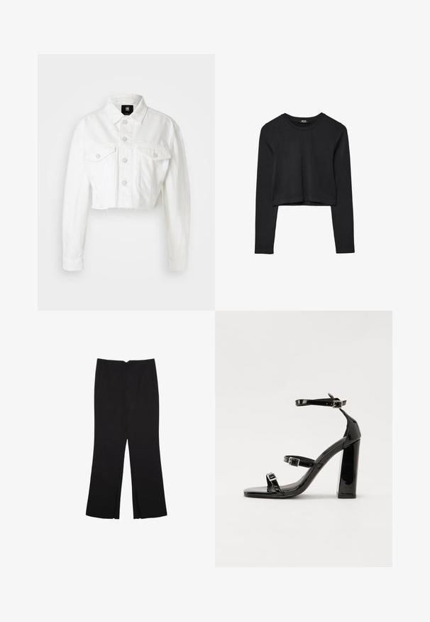 Giacca di jeans bianca cropped con colletto, chiusura frontale con bottoni, due tasche sul petto e orlo sfrangiato. Realizzata in un robusto misto cotone.; Top cropped nero a maniche lunghe con scollatura tonda, design semplice e orlo leggermente curvo.; Pantaloni neri a gamba dritta, con tasche frontali e spacchi laterali all'orlo. Realizzati in tessuto morbido e liscio. Adatti a diverse occasioni.; Sandali con tacco in vernice nera, con punta squadrata, cinturini alla caviglia e fibbie in argento. Presentano un tacco a blocco spesso per maggiore stabilità.
