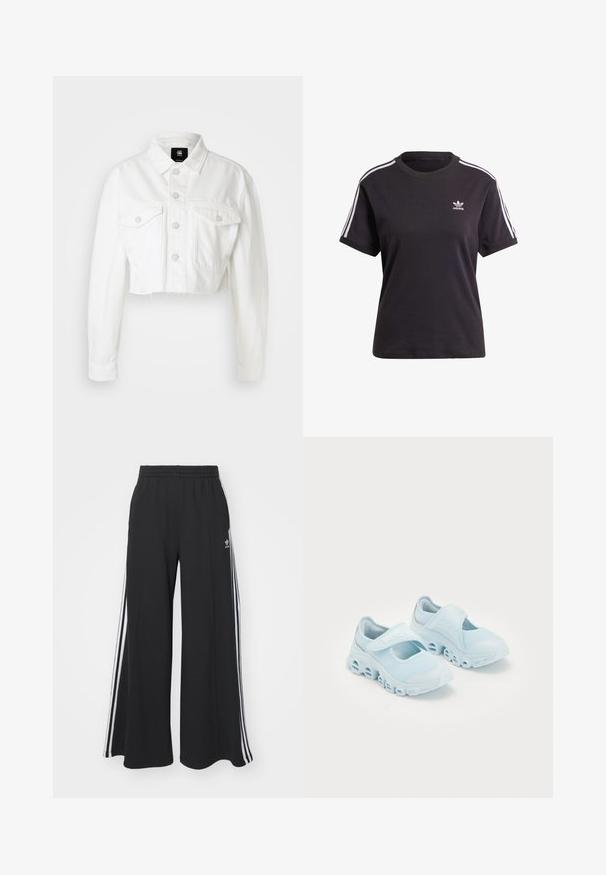 Chaqueta de mezclilla blanca, corta, con cuello, cierre frontal de botones, dos bolsillos en el pecho y dobladillo deshilachado. Fabricada con una resistente mezcla de algodón.; Camiseta de algodón negra de manga corta con cuello redondo, que presenta rayas blancas en los hombros y un pequeño logo blanco de Adidas en el pecho.; Pantalones de chándal negros de pierna ancha con una cinturilla elástica, que presentan franjas blancas a los lados y un logo bordado en el muslo izquierdo.; Zapatillas azul claro con tela de malla, cortes prominentes en la suela y una correa de velcro en la parte superior para un ajuste seguro.