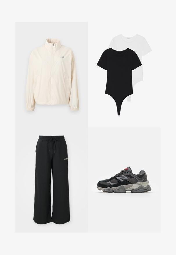 Krämfärgad, lätt jacka med hög krage, hel dragkedja fram, elastiska ärmslut och en liten grå logotyp på övre vänstra sidan.; Svart och vit kortärmad bodysuit med rund halsringning och tanga-botten, tillverkad av ett mjukt, elastiskt tyg.; Svarta vida sweatpants av mjukt tyg, med elastisk midja och dragsko samt en liten logo på vänster sida.; Svarta och grå sneakers med en kombination av mocka och mesh-material, tjock sula, framträdande logotyp och röd accent på tungan.