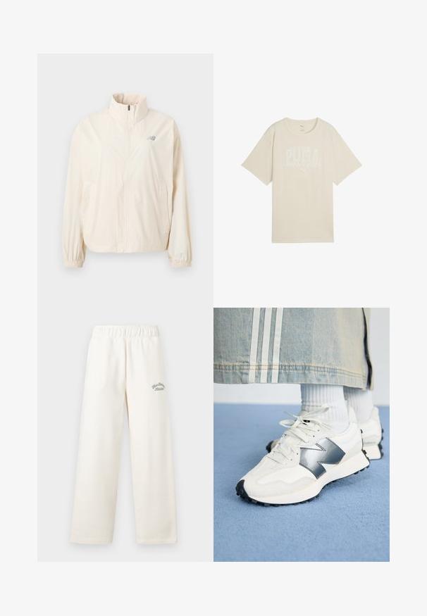 Jachetă ușoară, de culoare crem, cu guler înalt, fermoar pe întreaga lungime, manșete elastice și un mic logo gri în partea stângă sus.; Tricou din bumbac bej, cu o croială lejeră, având un design grafic alb pe care scrie "PUMA sports club" și un mic logo deasupra.; Pantaloni largi de culoare crem, confecționați dintr-un material moale, cu un brâu elastic. Prezintă un text brodat subtil de culoare verde pe față.; Adidași albi pentru sport cu un accent argintiu, țesătură texturată și piele fină; având o talpă din cauciuc negru și șireturi.
