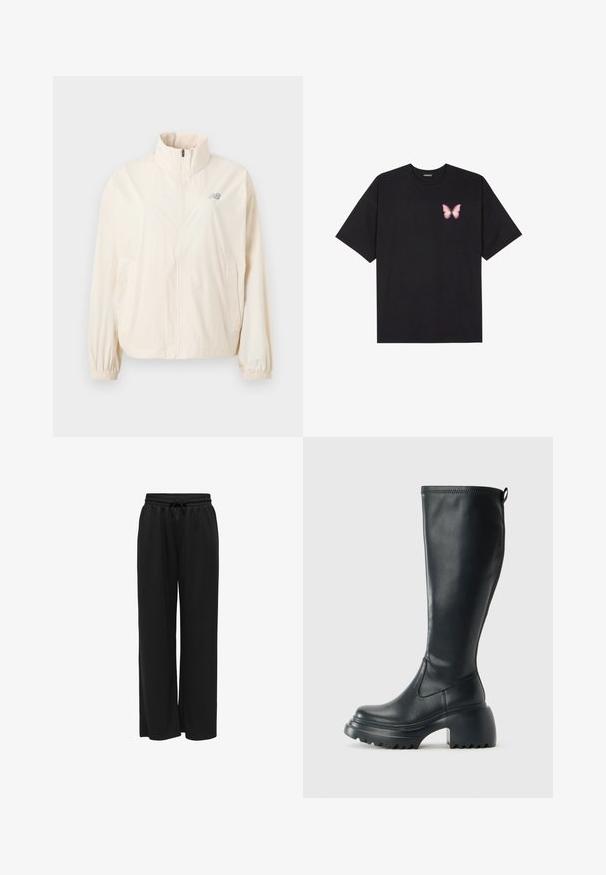 Jachetă ușoară, de culoare crem, cu guler înalt, fermoar pe întreaga lungime, manșete elastice și un mic logo gri în partea stângă sus.; Tricou negru din bumbac cu mâneci scurte, având pe partea stângă a pieptului un mic grafic cu un fluture roz. Design cu guler rotund și croială lejeră.; Pantaloni negri cu picioare largi, realizati dintr-un material moale, având o talie elastică cu șnur pentru ajustarea dimensiunii. Fără modele sau accente.; Cizme lungi din piele neagră cu talpă platformă masivă și tocul pătrat, având un tab de tragere și un model texturat pe talpa exterioară.