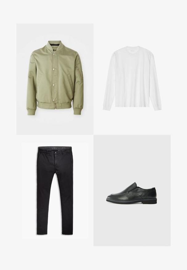 Svetlozelen bomber jakna z ribanim ovratnikom, manšeti in spodnjim robom, sprednjimi gumbi na pritisk, stranskimi žepi in zzip žepom na levem rokavu.; Bela bombažna majica z dolgimi rokavi in posadnim izrezom ter rebrastimi manšetami. Preprost, neokrašen dizajn, ki se ponaša z gladko teksturo in standardnim krojem.; Črne bombažne chinos hlače s ozkim krojem, ki imajo pet žepov, pasne zanke in gladko teksturo. Zadrga in gumb za zapiranje.; Črne usnjene natikače z gladkim zgornjim delom, prišitimi detajli, zaobljenim nosom in nizkim gumijastim petkom. Podplat ima minimalen profil.