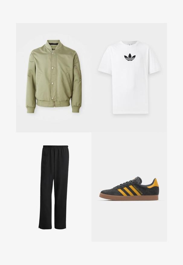 Bomber jacket de color verde claro con cuello, puños y dobladillo acanalados, botones de presión en el frente, bolsillos laterales y un bolsillo con cremallera en la manga izquierda.; Camiseta de algodón blanca con un logo negro de Adidas en el centro. Diseño de manga corta y cuello redondo. Textura suave.; Pantalones deportivos negros con cintura elástica, diseño de pierna recta, bolsillos laterales y puños con cremallera, hechos de una tela ligera y suave.; Zapatillas de ante negro con acentos amarillos, que presentan tres franjas y una suela de goma marrón. Incluyen una lengüeta acolchada para mayor comodidad.