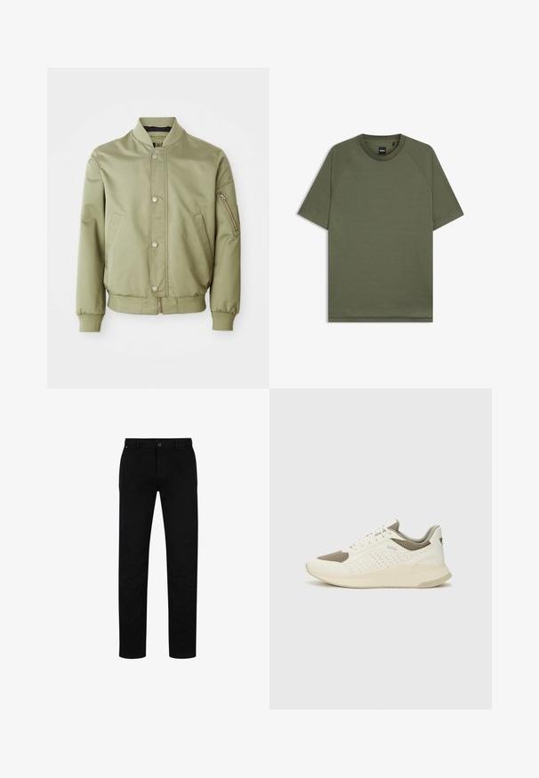 Gaiši zaļš bumbers, ar ribotām apkakli, aprocēm un apakšmali, priekšējiem pogām, sānu kabatām un rāvējslēdzēju kabatu kreisajā piedurknē.; Vienkārša olīvzaļā īsām piedurknēm T-kreklā ar apaļu kakla izgriezumu un raglanu piedurknēm, ar mazu melnu "BOSS" uzlīmi iekšpusē apkaklē.; Melni kokvilnas bikses ar taisnu piegriezumu, kas aprīkotas ar pogu aizdari, jostu cilpām un minimālistisku dizainu. Gluda tekstūra, bez rakstiem.; Baltas un gaiši bež sporta apavi, ar sieta augšdaļu, perforētiem detaļām un teksturētu vidusdaļu ar zīmolu uz papēža.
