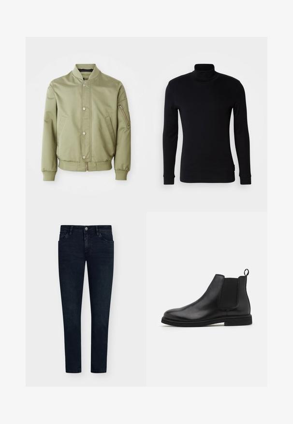 Giacca bomber verde chiaro con collo a costine, polsini e orlo a coste, bottoni a pressione frontali, tasche laterali e una tasca con zip sulla manica sinistra.; Maglietta nera a maniche lunghe con collo a imbuto realizzata in un tessuto morbido. Presenta un design aderente con polsini a coste e una texture liscia. Senza pattern o logo.; Jeans in denim blu scuro con vestibilità slim, design a cinque tasche, chiusura con bottone e sbiadimento minimo. Parte frontale liscia e aperture delle gambe strette.; Stivali Chelsea in pelle nera con pannelli laterali elasticizzati e un'etichetta per la trazione. Punta arrotondata e suola piatta in gomma, con una finitura liscia.