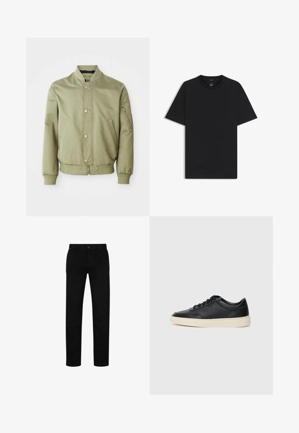Lichtgroene bomberjack met geribde kraag, manchetten en zoom, voorste drukknoopsluiting, zijzakken en een ritssluiting op de linker mouw.; Zwarte korte mouwen T-shirt van een gladde katoenmix, met een ronde halslijn en een minimalistisch ontwerp zonder patronen of accenten.; Zwarte katoenen broek met een rechte pasvorm, voorzien van een knoopsluiting, riemlussen en een minimalistisch ontwerp. Glad van structuur, zonder patronen.; Zwarte leren sneaker met lage schacht, zwarte veters en off-white zool, weergegeven in zijprofiel op een witte achtergrond.
