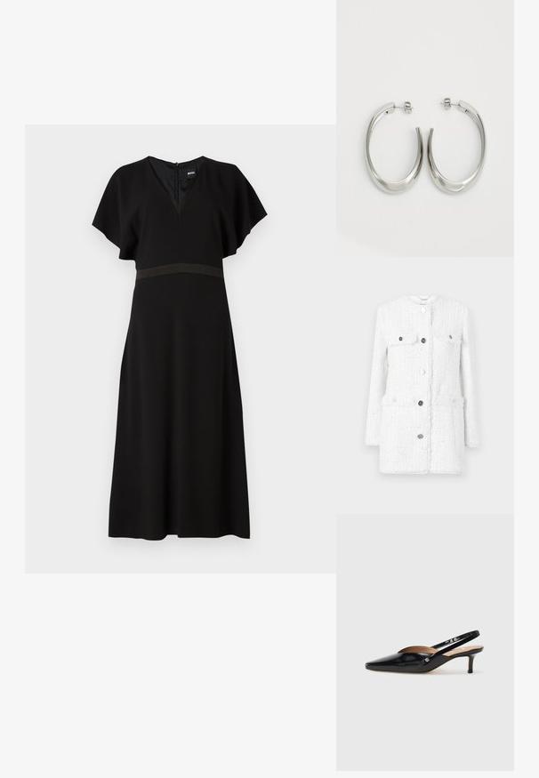 Bela tweed jakna z teksturirano tkanino, ki ima dva sprednja žepa, visok ovratnik in srebrne gumbe za zapiranje in dekoracijo.; Črna obleka z V-izrezom, kratkimi letečimi rokavi in kontrastnim horizontalnim pasom na pasu. Narejena je iz gladkega, padajočega materiala.; Črne patentne usnjene slingback salonarje s koničastim nosom, majhnim členkom in izrezljanim dizajnom na vrhu. Akcenti iz zlatega tona na strani.; Srebrni uhani v obliki obroča z gladkim, ukrivljenim oblikovanjem. Imajo sijajno kovinsko površino in zapiranje na žebljiček. Brez vidnih vzorcev ali dodatkov.