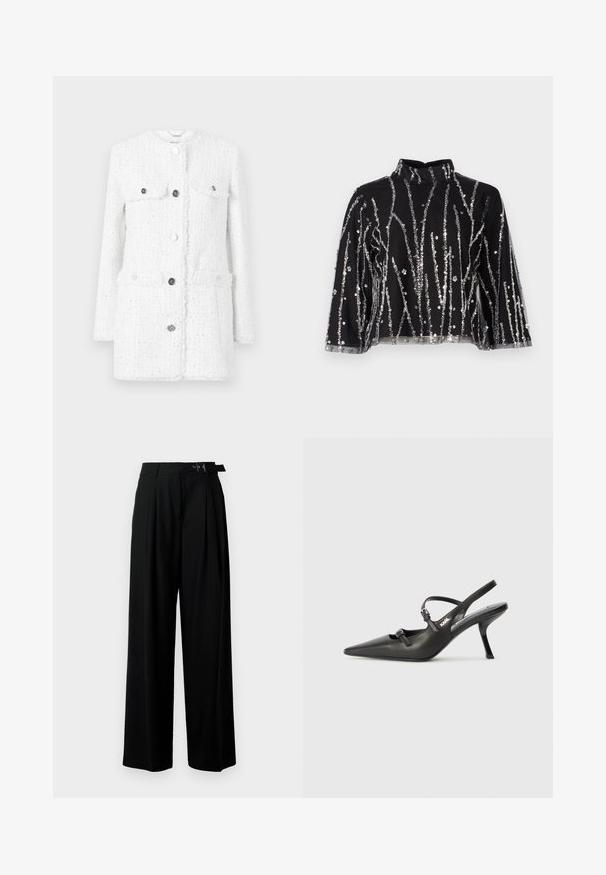 Weißes Tweed-Jacket mit einem strukturierten Stoff, ausgestattet mit zwei Vordertaschen, einem hohen Kragen und silbernen Knöpfen für den Verschluss und Akzente.; Schwarzes crop-top mit hohem Kragen, das mit silbernen, glitzernden, vertikalen Linien, durchsichtigen Ärmeln und strukturiertem Stoff versehen ist.; Schwarze weit geschnittene Hosen mit hoher Taille, Falten an der Vorderseite und einem Gürtel mit Schnalle. Hergestellt aus glattem, leichtem Stoff.; Schwarzlederne Slingback-Absätze mit spitzer Zehenform, schlankem Absatz und dekorativem Schnallendetail auf dem Blatt. Glatte Textur und elegantes Design.