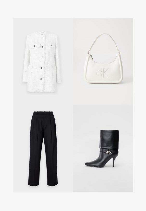 Valge tweed-jakk tekstuurse kangaga, millel on kaks esipocketit, kõrge krae ja hõbedased nööbid kinnitamiseks ning kaunistamiseks.; Must emapnevarblouse mustaga, millel on asümmeetriline kaelus, avatud on üks õlg ja rindkere peal on pehmed volangid.; Mustad püksid elegantse lõikega, kõrge talje, voldid ja sirge jalgade lõikega. Valmistatud siledast kangast ühtlases värvitoonis.; Mustad nahast pahkluu saapad terava nina, kõrge stilettokanna, volditud äärega ja kuldse dekoratiivse pandlaga pahkluul.; Valge nahast käekott, millel on kumer kuju, esiküljel on reljeefne "CK" logo ja üks õlavarre rihm. Ülemine tõmblukkuu.