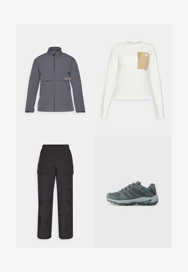 Harmaa vetoketjullinen takki, joka on valmistettu kevyestä kankaasta. Siinä on korkea kaulus, etupainot ja va Horizontal-rinnatasku, jossa on logotagi.; Valkoinen pitkähiha shirt, joka on valmistettu teksturoidusta kankaasta, jossa on beige laukkutasku, jossa on naru ja logo.; Mustat cargo-housut, jotka on valmistettu kestävästä kankaasta, sisältävät useita sivutaskuja, napin sulkemisen ja löysän istuvuuden suorin lahkeineen.; Tummanharmaat vaelluskengät, joissa on verkko- ja mokkasuosukappale, nauhappointaus, pehmeät pohjat sekä karhennettu pohja, jossa on pitoa.