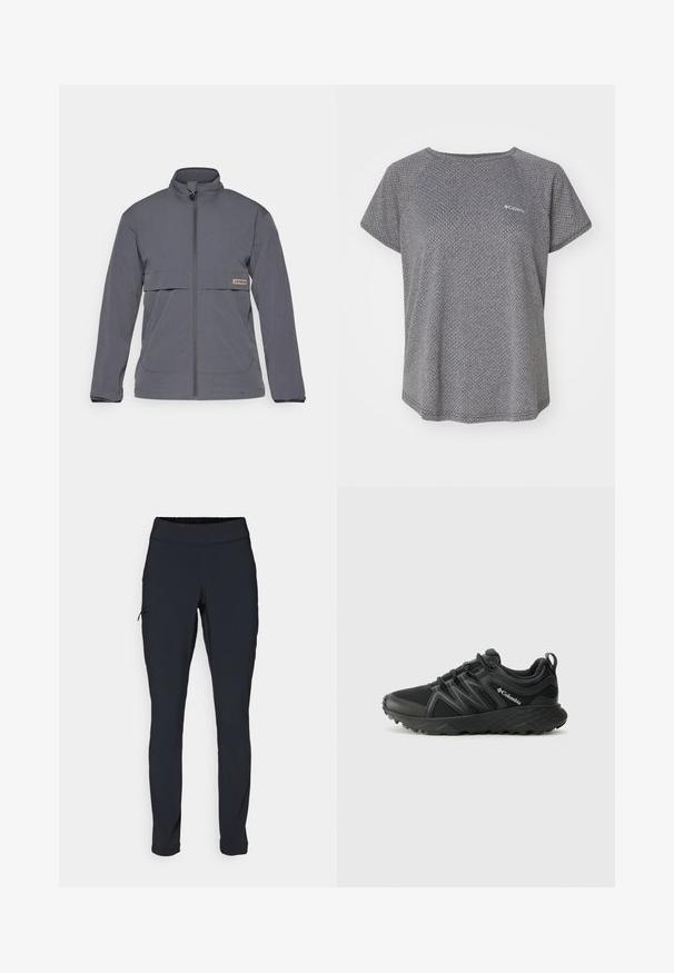 Siva jakna na patent s laganom tkaninom. Ima visoki ovratnik, prednje džepove i horizontalni džep na prsima s oznakom logotipa.; Siva majica kratkih rukava koja sadrži suptilan teksturirani uzorak, okrugli izrez i Columbia logotip na prsima. Mekani materijal, opušteni kroj.; Crne atletske hlače Slim fit kroja, s elastičnom sredinom i bočnim džepom sa zatvaračem. Glatka, rastezljiva tkanina s minimalnim šavovima.; Columbia PEAKFREAK - Obuća za pješačenje - black