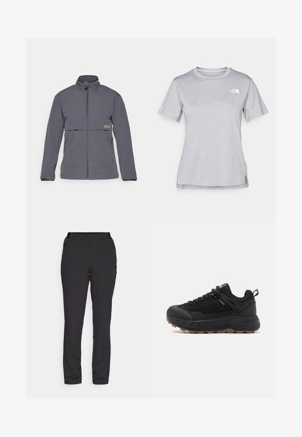 Gray zip-up jacket made of lightweight fabric. Features a high collar, front pockets, and a horizontal chest pocket with a logo tag.; Grey short-sleeve t-shirt made of soft, moisture-wicking fabric. Features a crew neck and a small white logo on the upper left.; Black outdoor pants, made of lightweight fabric, feature a straight leg design, zippered side pockets, and an adjustable waistband.; Black athletic shoes with a textured leather and fabric upper, patterned sole, reinforced toe, and adjustable lacing system.