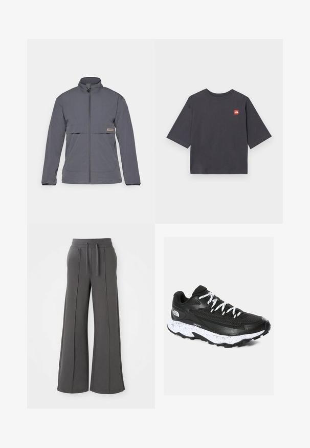 Gray zip-up jacket made of lightweight fabric. Features a high collar, front pockets, and a horizontal chest pocket with a logo tag.; Short-sleeve, dark grey T-shirt made of cotton. Features a square red logo patch on the left chest area. Regular fit with a round neckline.; Dark gray wide-leg sweatpants with front seams, elastic waistband, drawstrings, side pockets, and zippered hems on a white background.; Black athletic shoe with mesh upper and textured design. Features white speckled midsole, thick black outsole, and reflective laces.