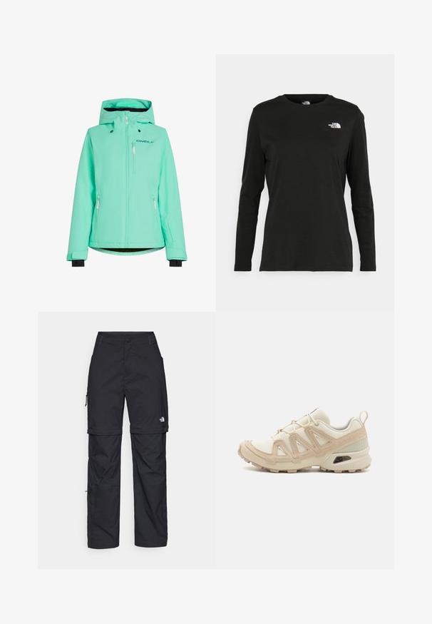 Jasnoniebieska wodoodporna kurtka z kapturem, z zamykanymi kieszeniami, czarną podszewką i logo nadrukowanym z przodu.; Czarna koszulka z długim rękawem z bawełny z okrągłym dekoltem. Posiada niewielkie białe logo po lewej stronie na piersi. Prosty design i fason.; Czarne nylonowe spodnie cargo z odpinanymi nogawkami, regulowanymi mankietami, wieloma kieszeniami oraz logo na prawej nogawce. Gładka, lekka tekstura.; Beżowe i kremowe buty sportowe z teksturowanej siateczki, wspierającymi nakładkami oraz gumową podeszwą z wzorem bieżnika zapewniającym przyczepność.