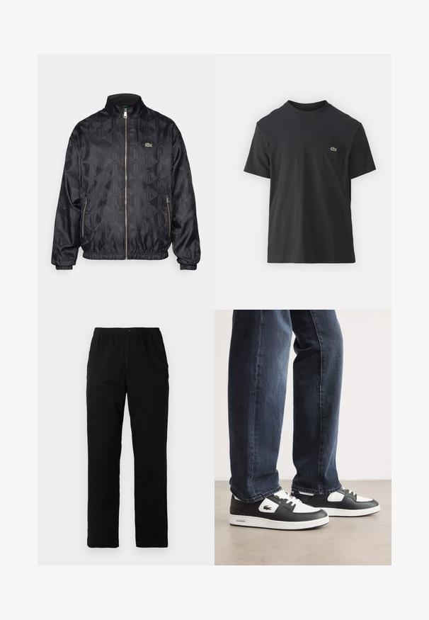 Črn bomberski jopič z geometrijskim vzorcem, zadrgo spredaj, stoječim ovratnikom, elastičnimi manšeti in zelenim logotipom Lacoste. Gladek, lahek material.; Črna bombažna majica s kratkimi rokavi, okroglo ovratnikom in majhnim zelenim logotipom na levem žepu. Preprost dizajn, redna prileganje.; Črne hlače iz mešanice bombaža, s ravnim krojem, elastičnim pasom z gumbom in brez vidnih vzorcev ali akcentov.; Črno-bele Lacoste superge z zgornjim delom iz teksturirane usnje, s čipkastim zapiranjem in belim gumijastim podplatom. Oblečene z temnimi kavbojkami.