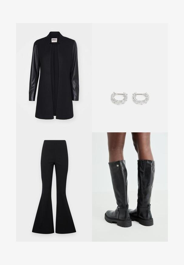 Melns žakets ar gludu tekstūru, ar auduma piedurknēm un pielāgotu, atvērtu priekšpusi. Minimālisma stils, bez aizdares.; Gaišpelēka īsa adīta džemperis ar melnbaltiem ziedu rakstiem, apaļš dekoltē un ribotas piedurknes. Mīksta tekstūra, ikdienišķs dizains.; Melni platāki bikses, izgatavotas no elastīgas auduma ar gludu tekstūru, ar augstu jostu un plašiem, zvana dibena stila kājām.; Melnas ādas zābaki līdz ceļiem ar gludu tekstūru, noapaļotu purngali, masīvu zoli un rāvējslēdzēju. Sānos atrodas sudraba logo.; Sudraba auskari ar apaļām gredzeniem, kuriem ir caurspīdīgi, taisnstūra un trīsstūra formas kristāli, sakārtoti rakstainā dizainā. Ar stiprinājuma tapas drošai fiksēšanai.