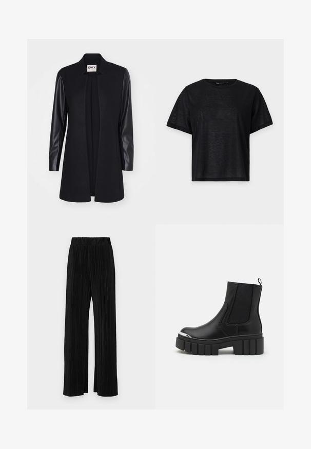 Fekete dzseki sima textúrával, szövetujjakkal és testhez álló, nyitott elülső kialakítással. Minimalista stílus, záródás nélkül.; Fekete, rövid ujjú póló laza szabással, sima textúrával és kerek nyakkivágással. Könnyű anyag, finom fénylő hatással.; Fekete pliszírozott nadrág gumis derekkal. Széles lábakkal rendelkezik, sima, texturált anyagból készült, függőleges csíkokkal.; Fekete boka csizmák sima bőrből, elasztikus panelek, vastag platform talp és fém orrrész jellemzi őket.