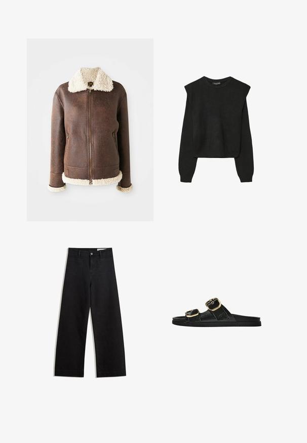 Giubbotto in pelle marrone con colletto e polsini in morbida pelliccia. Presenta una zip frontale e due tasche laterali. Texture invecchiata in tutto il capo.; Maglione nero a maniche lunghe in maglia con spalle imbottite e polsini e orlo a coste, mostrato su uno sfondo bianco.; Pantaloni in denim neri a gamba larga con vita alta, dotati di tasche anteriori e posteriori, cuciture a punto, e chiusura con bottone. Texture liscia.; Infradito neri con due accenti di fibbia dorata, materiale dalla texture liscia, suola piatta e design minimalista.