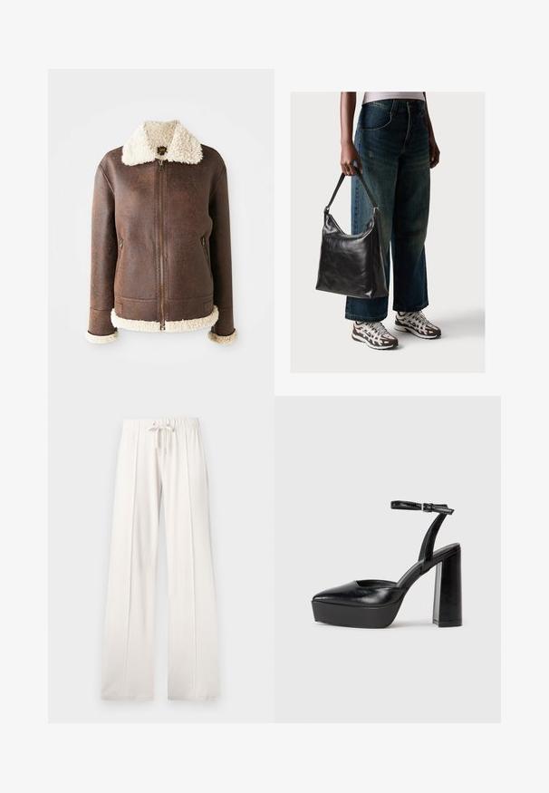 Brun lærjakke med en kremfarget saueskinnskrage og mansjetter. Har frontglidelås og to sidelommer. Slitt tekstur gjennom hele.; Rostfarget cropped t-skjorte i myk bomull med korte ermer og knyttet frontdetalj. Slett tekstur, rund halsutringning.; Lyse beige joggebukser laget av mykt stoff, med snor i livet, vide ben og vertikale sømmer, med en jevn tekstur.; Sorte plattformhelter med spiss tå og justerbar ankelrem. Laget av glatt lær, med en robust blokkhel.; Sort skinnveske med en glatt tekstur og justerbar stropp, kombinert med falmede vide jeans og atletiske sneakers.
