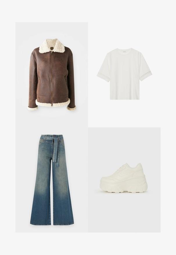 Jachetă din piele maro cu un guler și manșete din blană crem. Prezintă un fermoar frontal și două buzunare laterale. Textură uzată pe toată suprafața.; Tricou alb cu mânecă scurtă, confecționat din bumbac, cu dantelă decorativă pe marginea mânecilor și un guler rotund.; Pantaloni din denim largi, cu un gradient de la albastru deschis la albastru închis, talie înaltă, bucle pentru curea și o curea din același material. Finisaj texturat din denim.; Adidași platformă albi, cu un superior neted asemănător cu pielea, formă rotunjită, guler căptușit și talpă din cauciuc texturată cu borduri bine definite.
